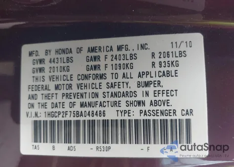 2011 Honda Accord 2.4 Ex из США, поврежденный, VIN 1HGCP2F75BA048486